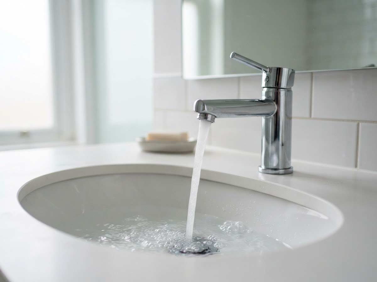 Chrome mixer tap with water flowing into a clean white ceramic basin