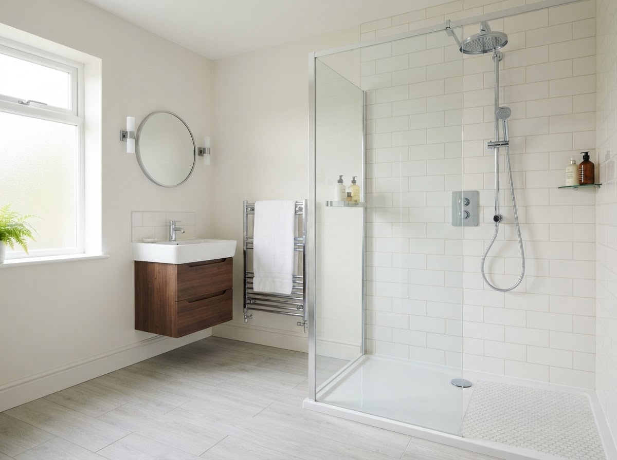 Finished modern bathroom with a walk-in glass shower enclosure and chrome fixtures