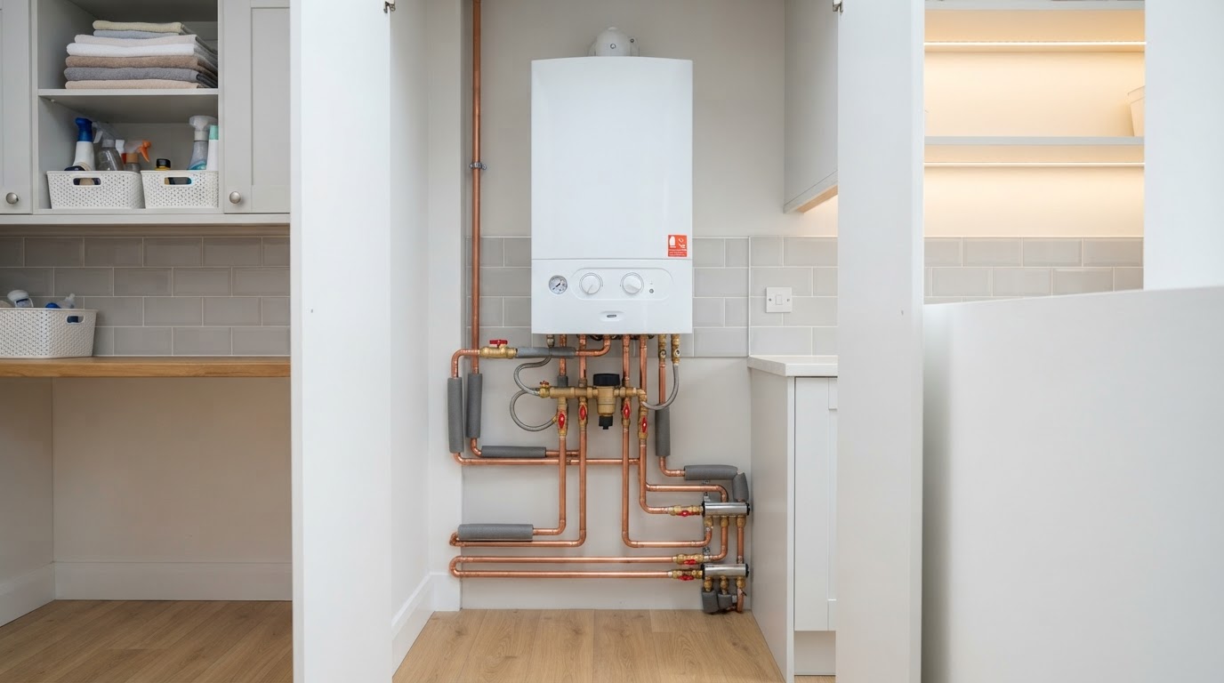 Newly installed high-efficiency combi boiler with neat copper pipework in a utility cupboard