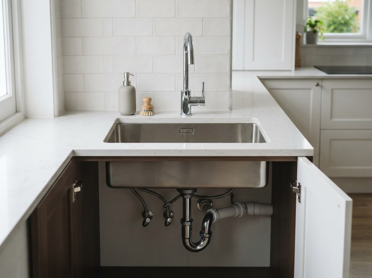 Modern domestic sink with chrome tap and clean pipework
