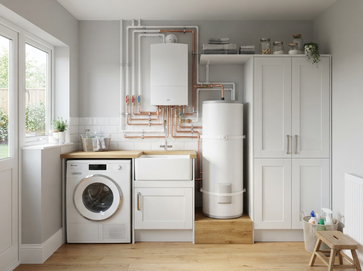 Modern wall-mounted boiler and hot water cylinder with neat pipework in a utility room