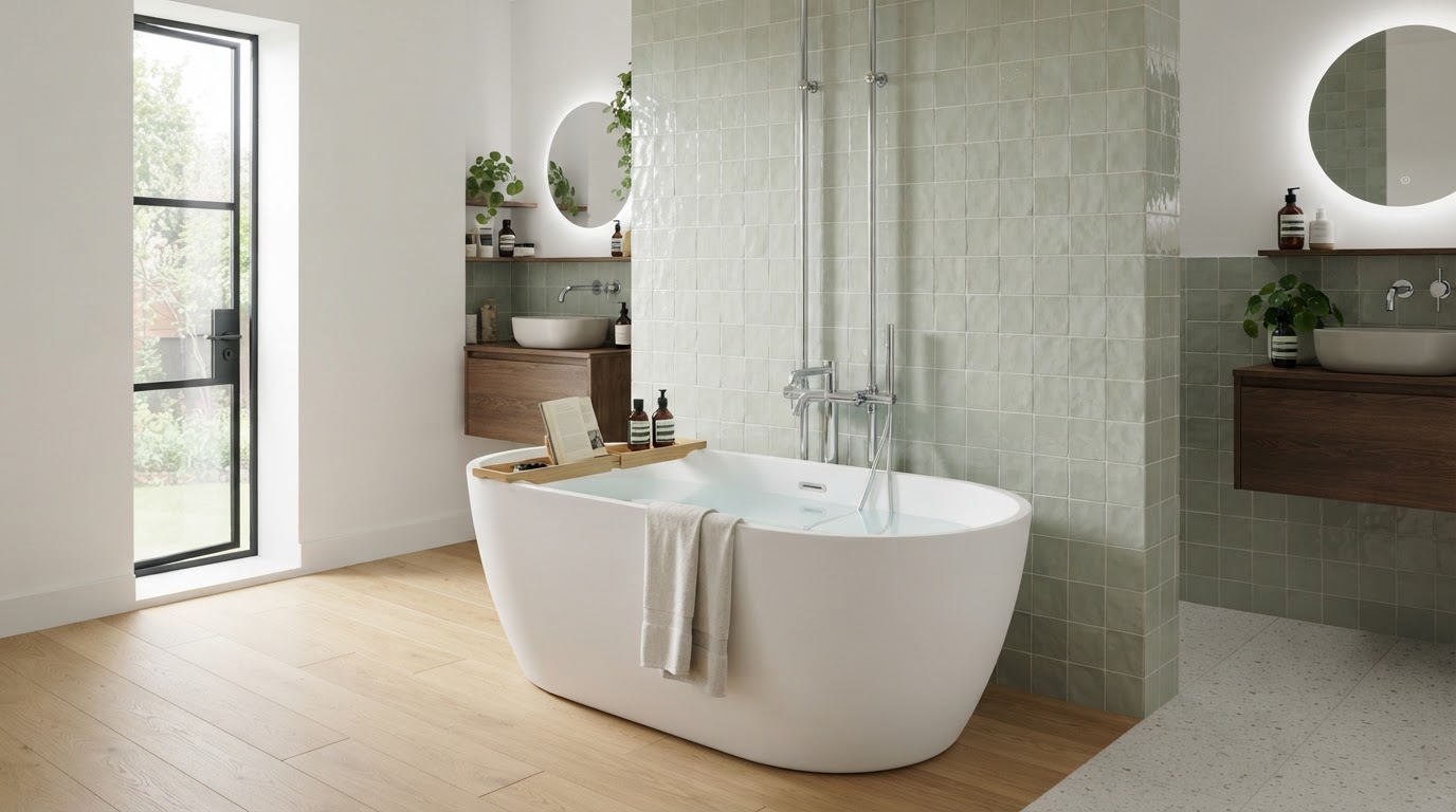 Modern bathroom renovation with a freestanding bathtub, chrome taps and tiled walls