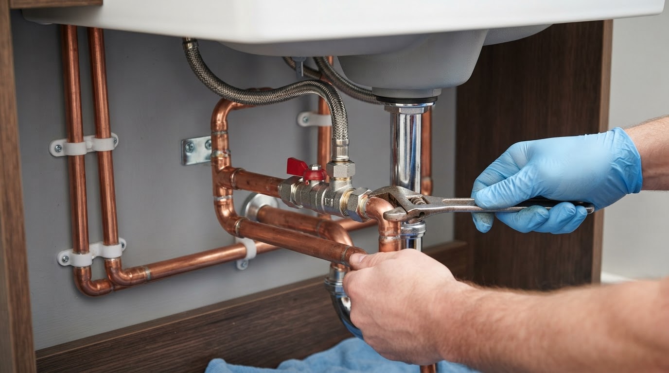 Close-up of tidy copper pipework joints and a chrome isolation valve under a sink