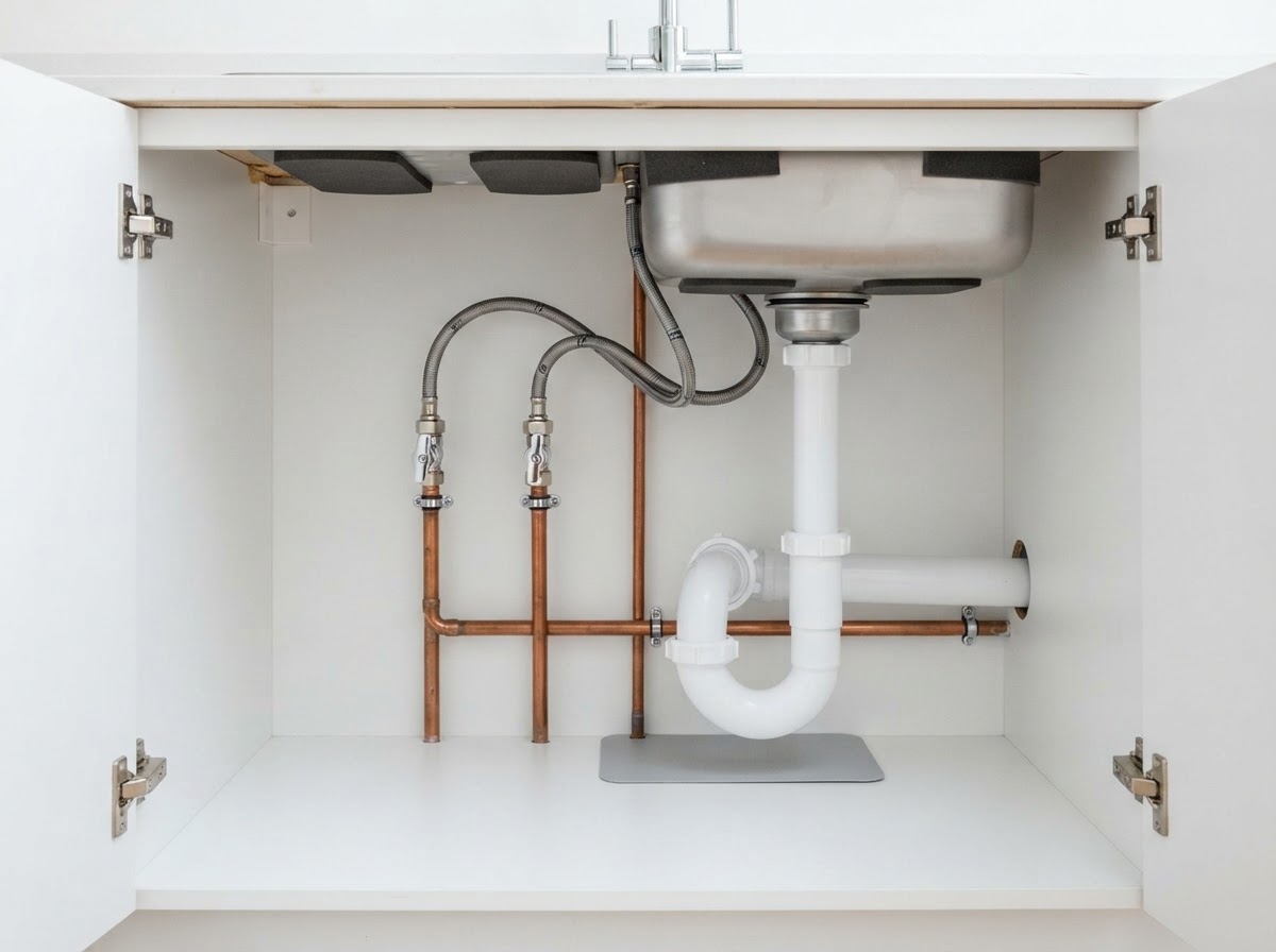 Tidy chrome isolation valves and copper pipework under a clean domestic sink