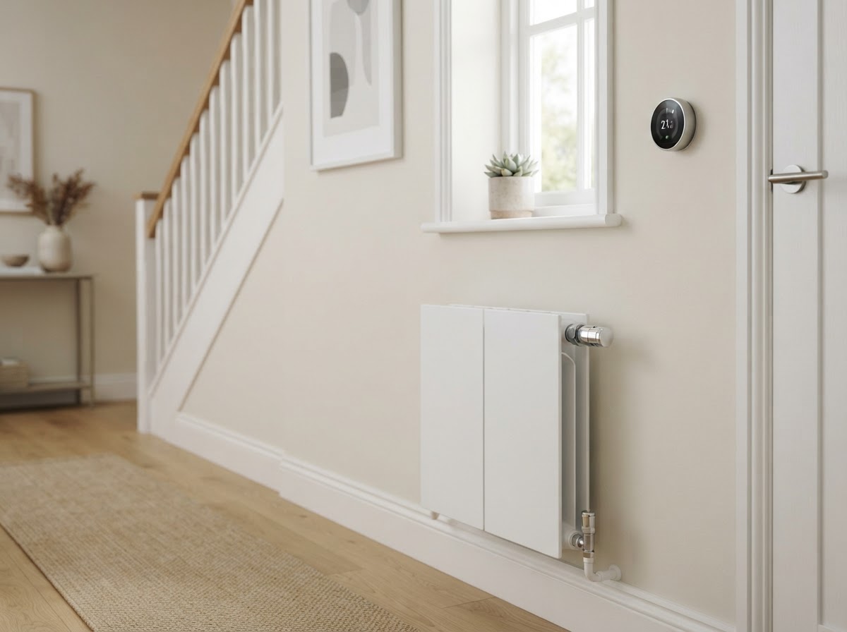 Modern radiator with chrome valve and smart heating thermostat in a bright home