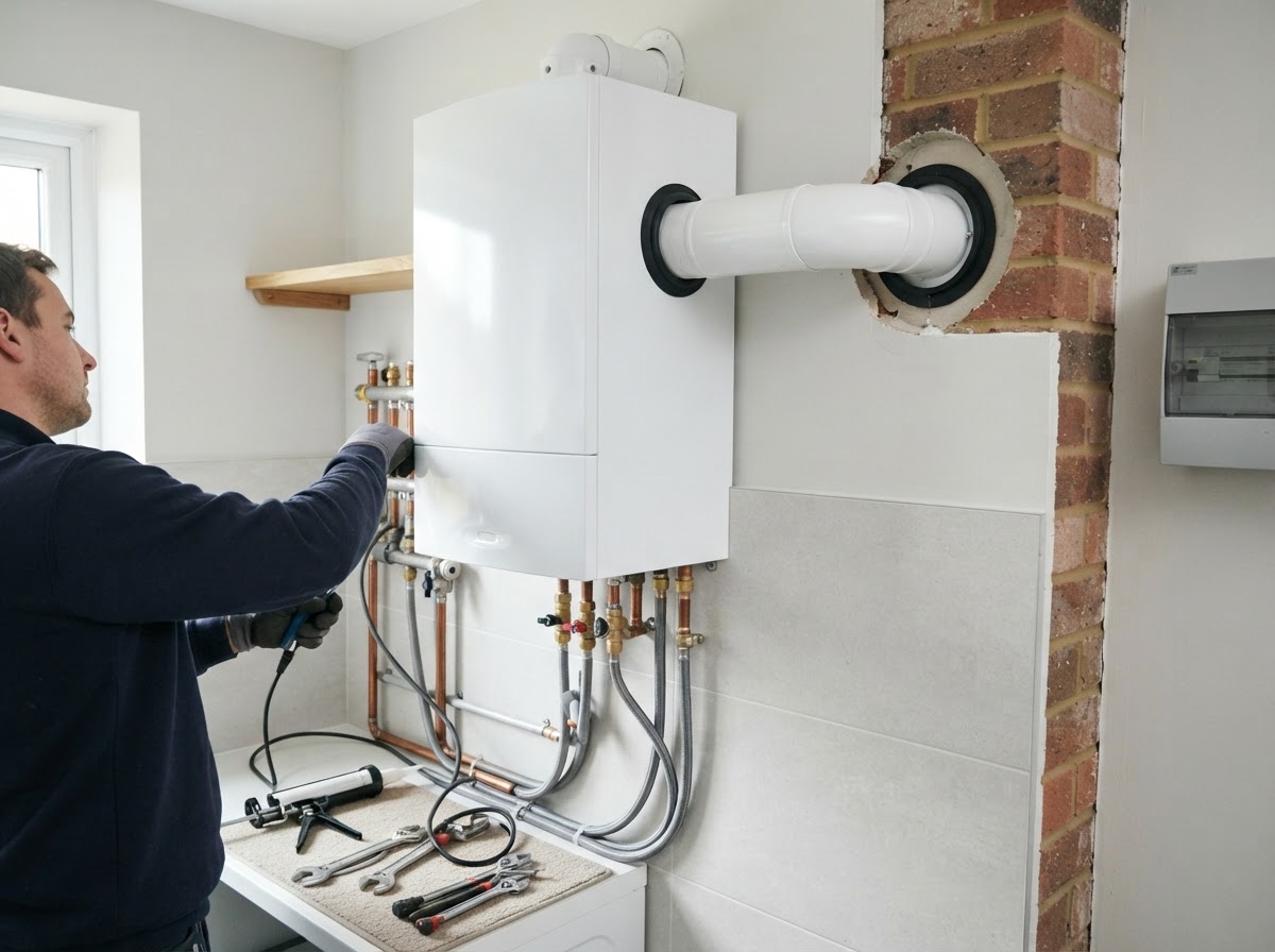 A wall-mounted boiler being installed with a new flue pipe through an exterior wall