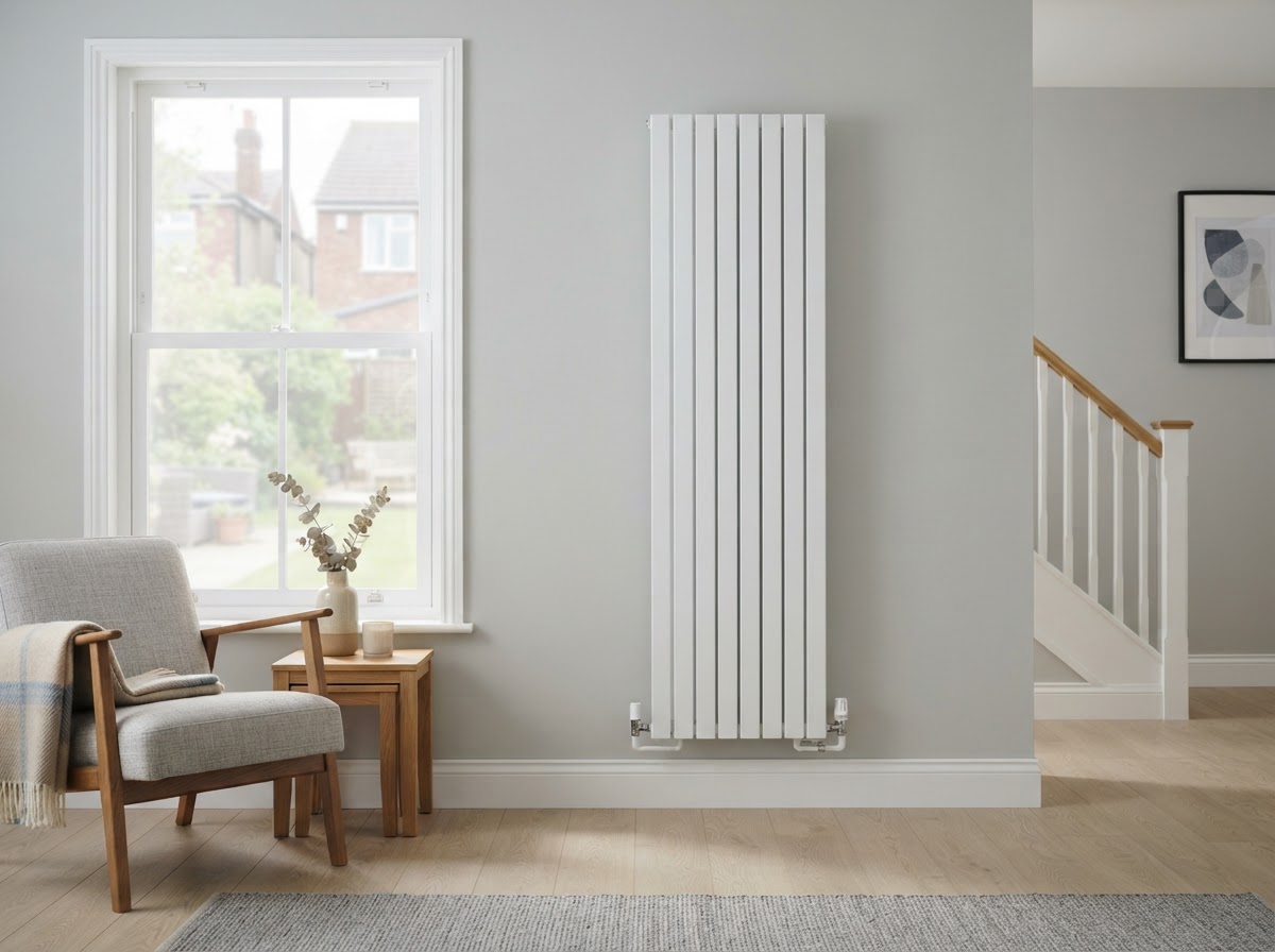 Clean modern white vertical panel radiator fitted neatly on a light wall