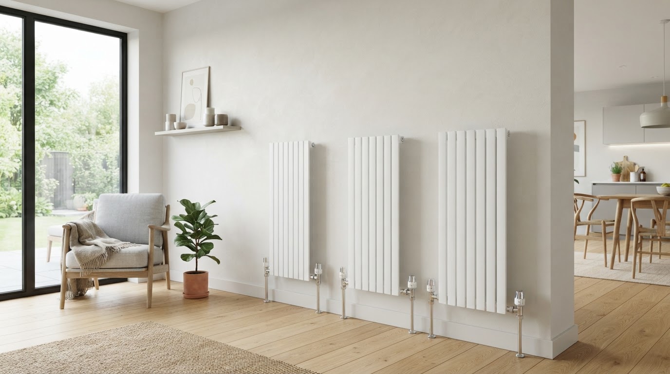 Modern flat-panel radiators with chrome thermostatic valves fitted along a wall