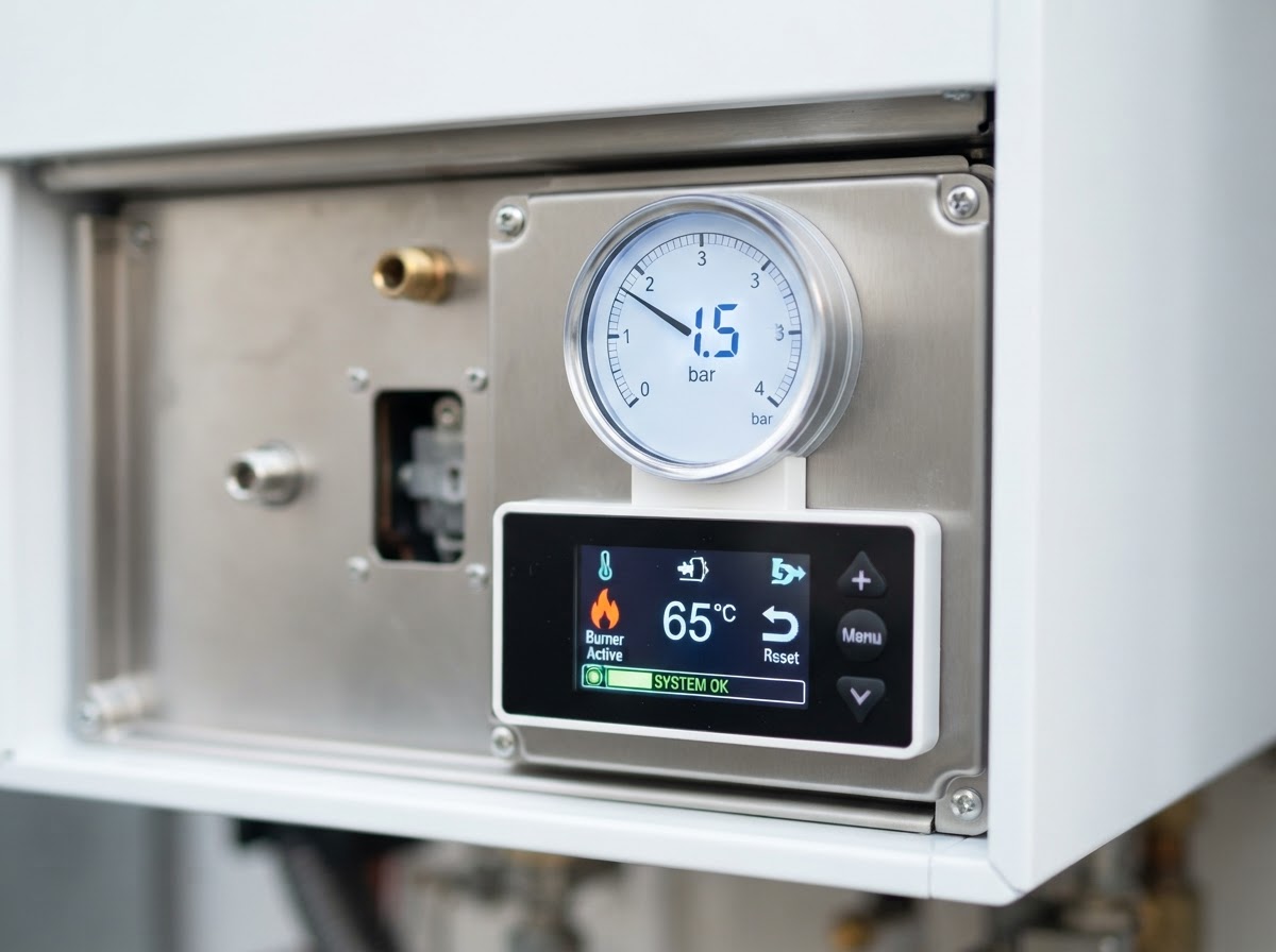 Close-up of a modern boiler digital pressure gauge and control display panel