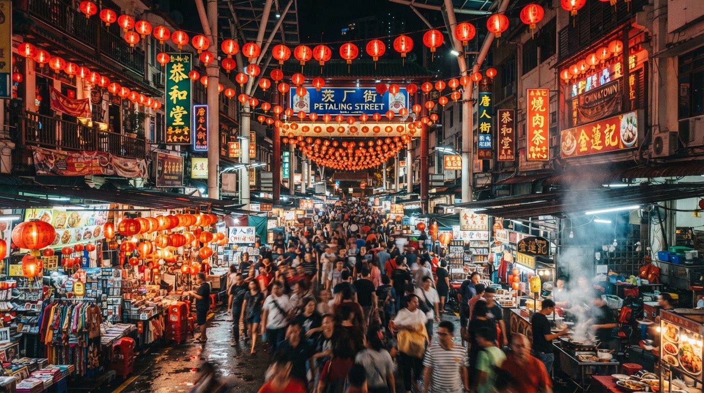 Petaling Street Chinatown in Kuala Lumpur at night with red lanterns glowing