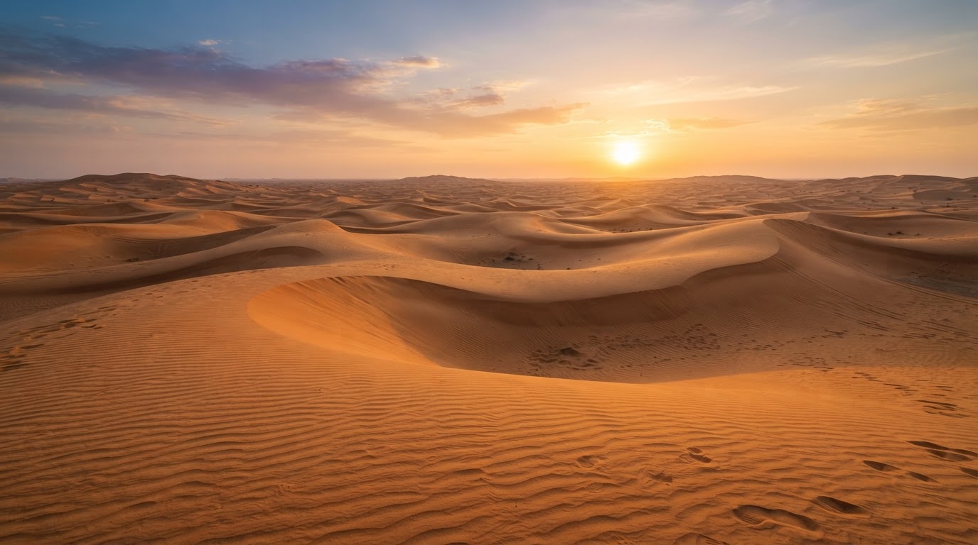 Golden desert sand dunes at sunset in the Dubai desert