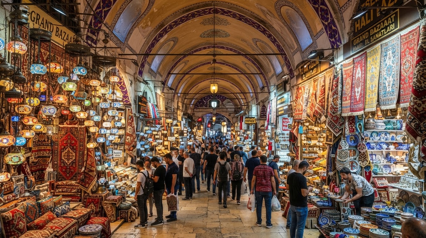 The Grand Bazaar in Istanbul with arched ceilings and lanterns