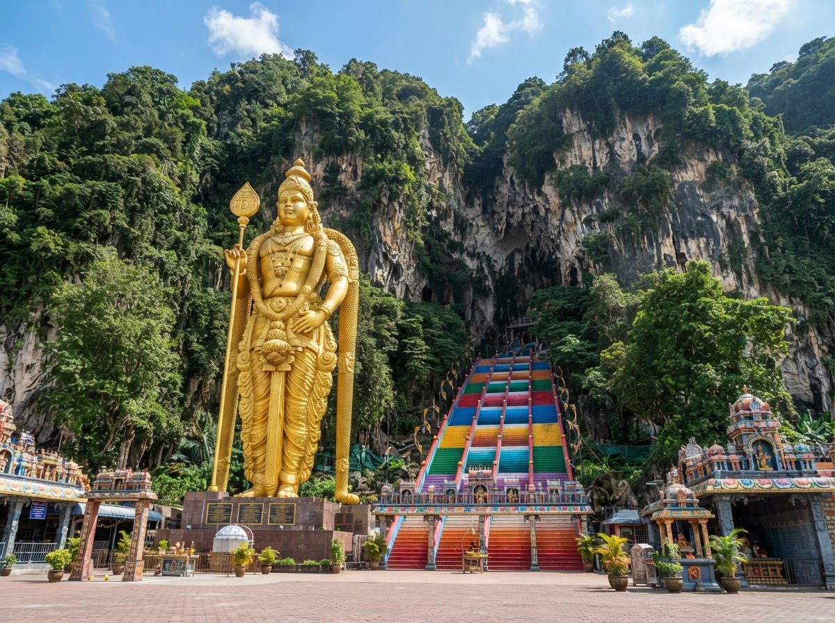 The giant golden statue of Lord Murugan at the foot of the Batu Caves steps in Kuala Lumpur