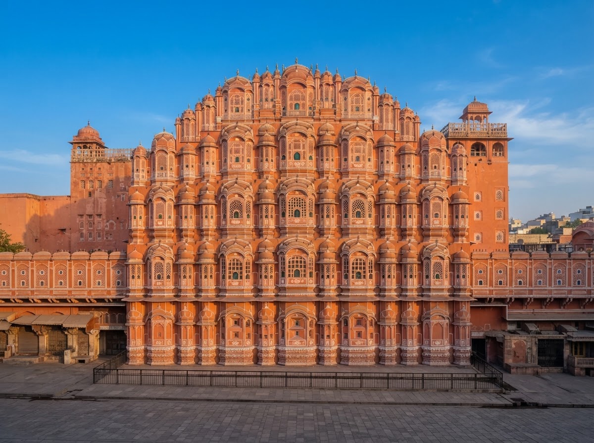 The intricate pink facade of Hawa Mahal, the Palace of Winds, in Jaipur