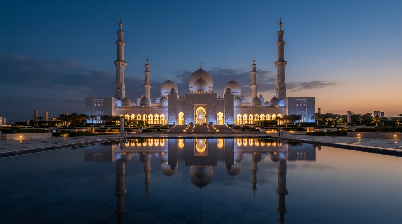 The Sheikh Zayed Grand Mosque in Abu Dhabi at dusk