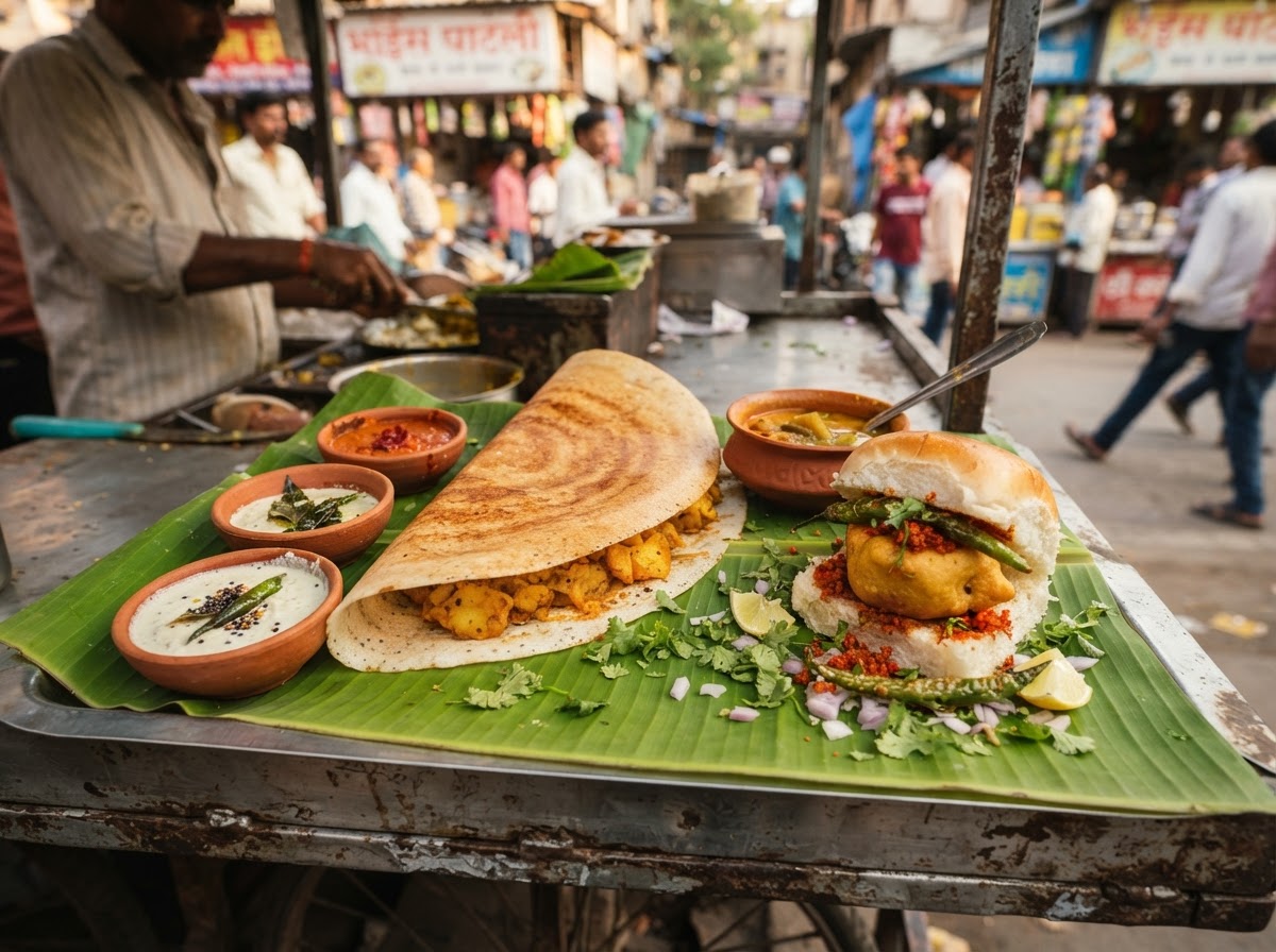 Indian street food favourites — masala dosa with coconut chutney and vada pav with red chutney