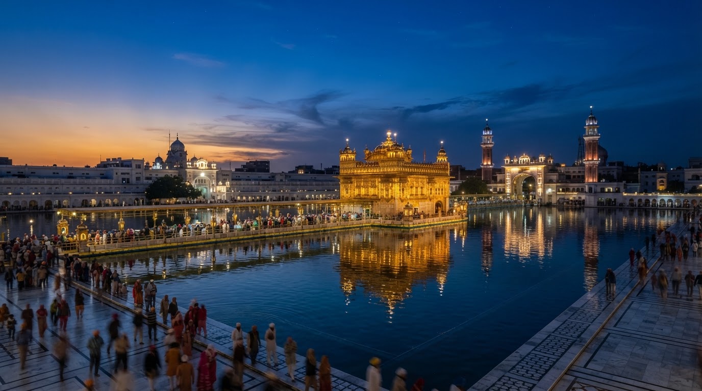 The Golden Temple in Amritsar glowing at dusk, reflected in the sacred pool