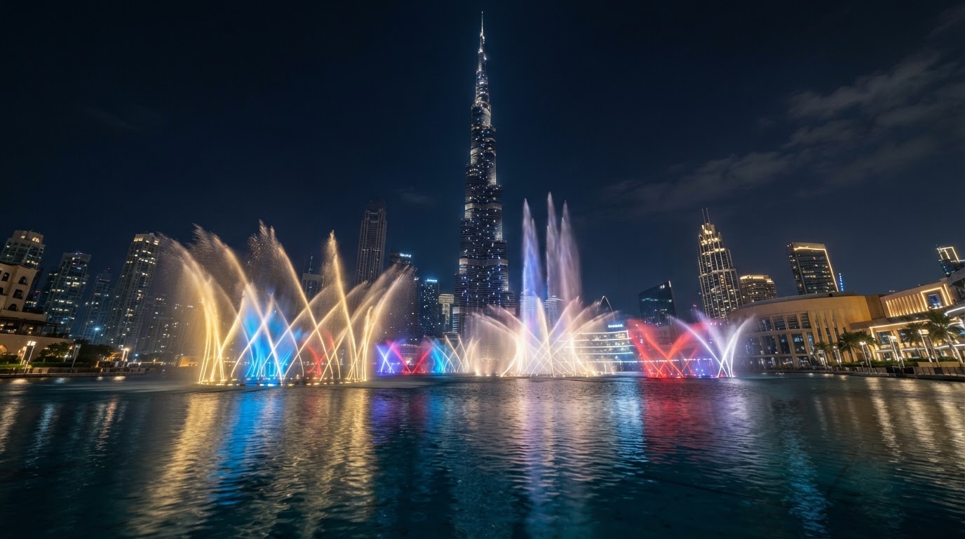 The Dubai Fountain water show at night