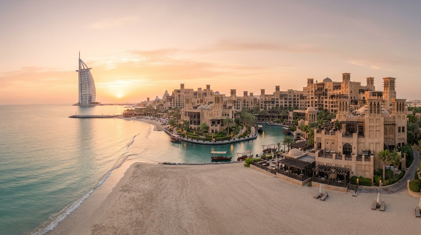 A luxury beachfront resort at Madinat Jumeirah Dubai at sunrise