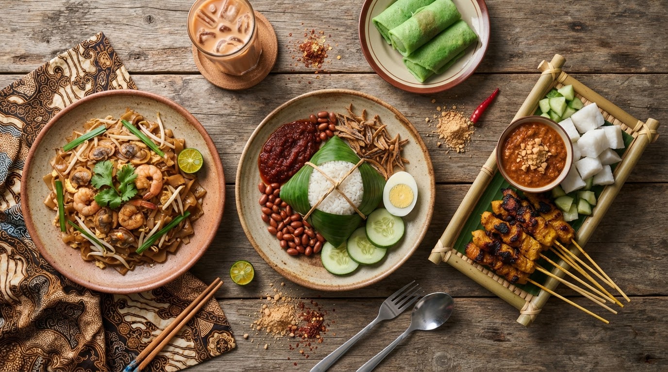 Malaysian street food — nasi lemak, satay skewers and char kway teow on a table