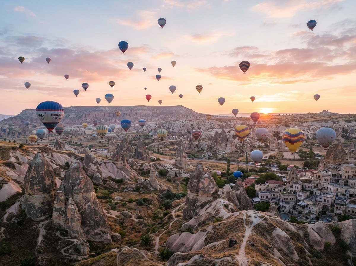 Turkey — Hot-air balloons over Cappadocia's fairy chimneys.