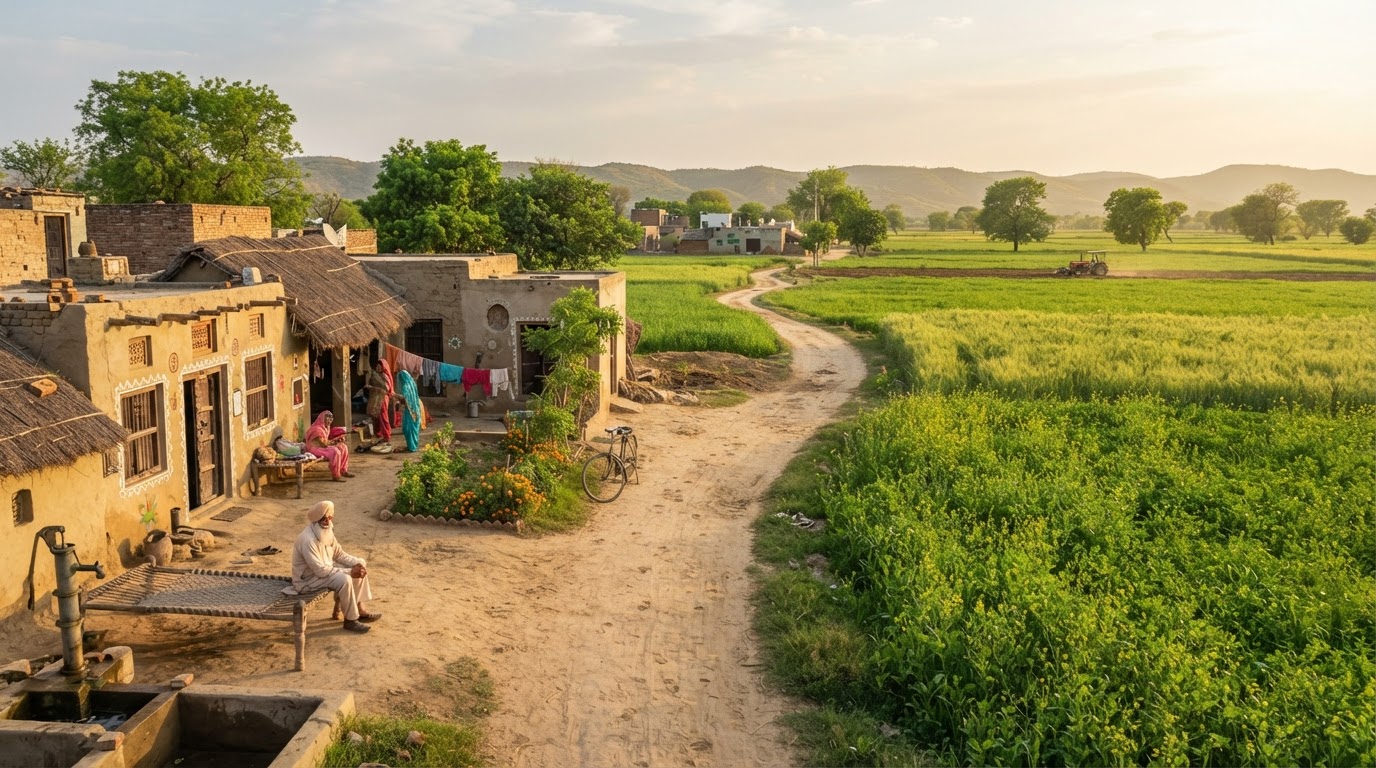 Endless green wheat fields in Punjab at golden hour
