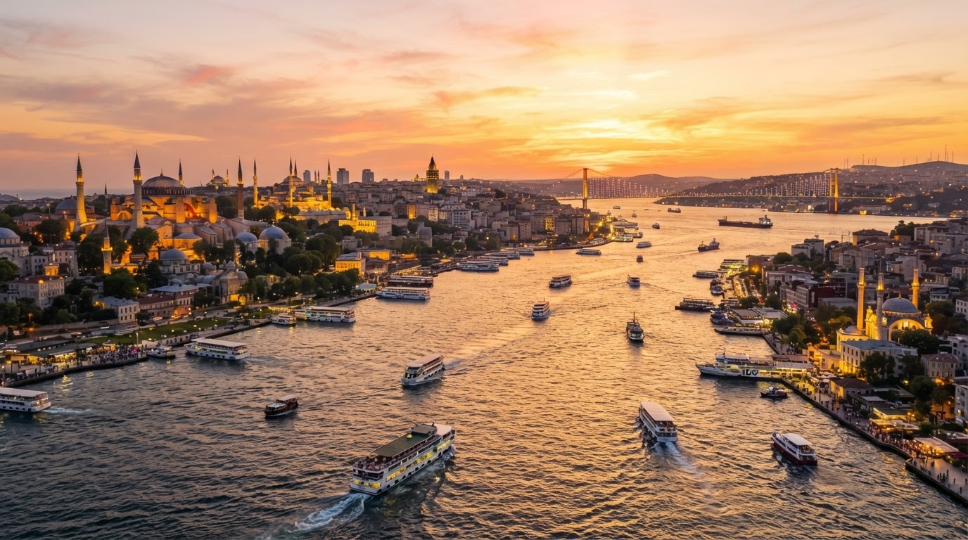 The Bosphorus strait in Istanbul at sunset