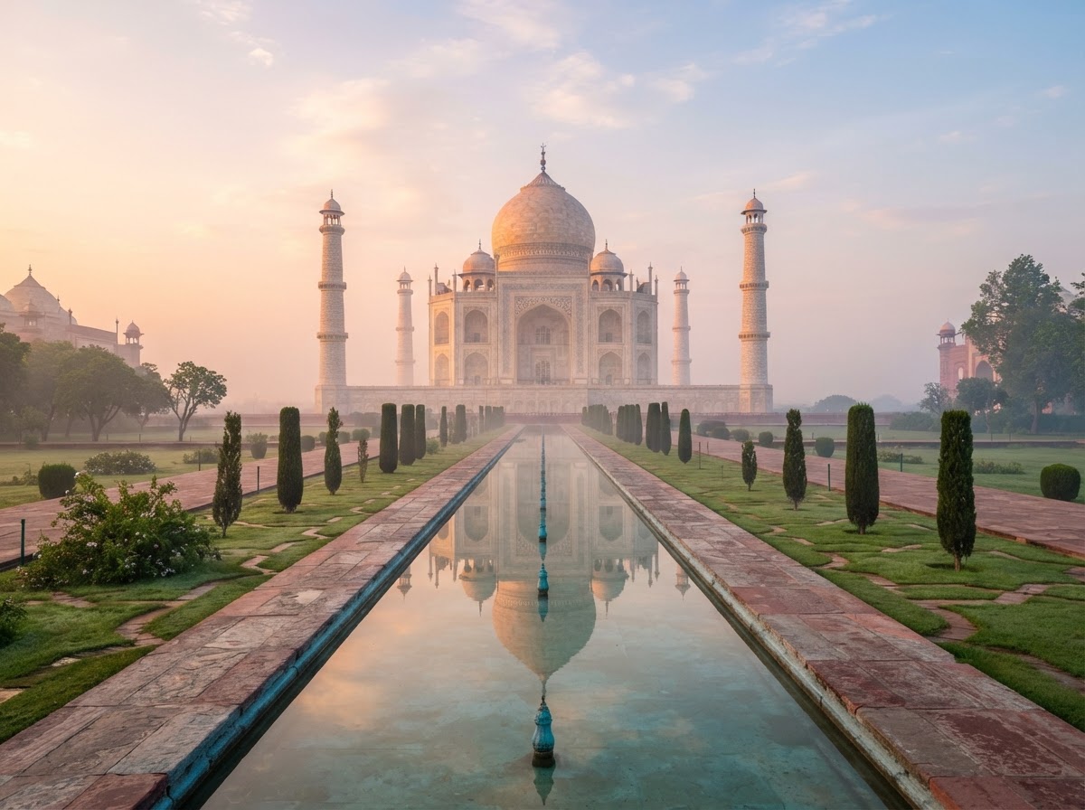The Taj Mahal in Agra glowing soft pink and gold at first light