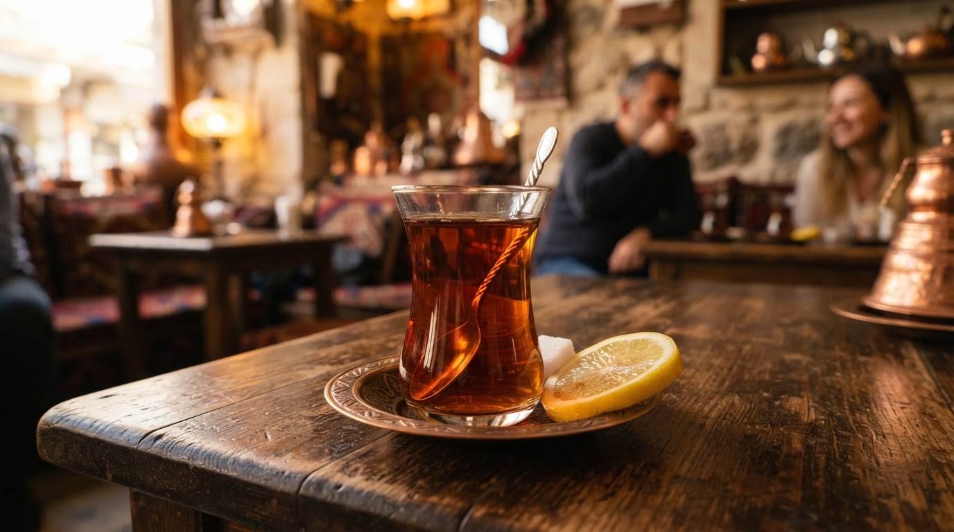 A traditional Turkish tea glass on a table