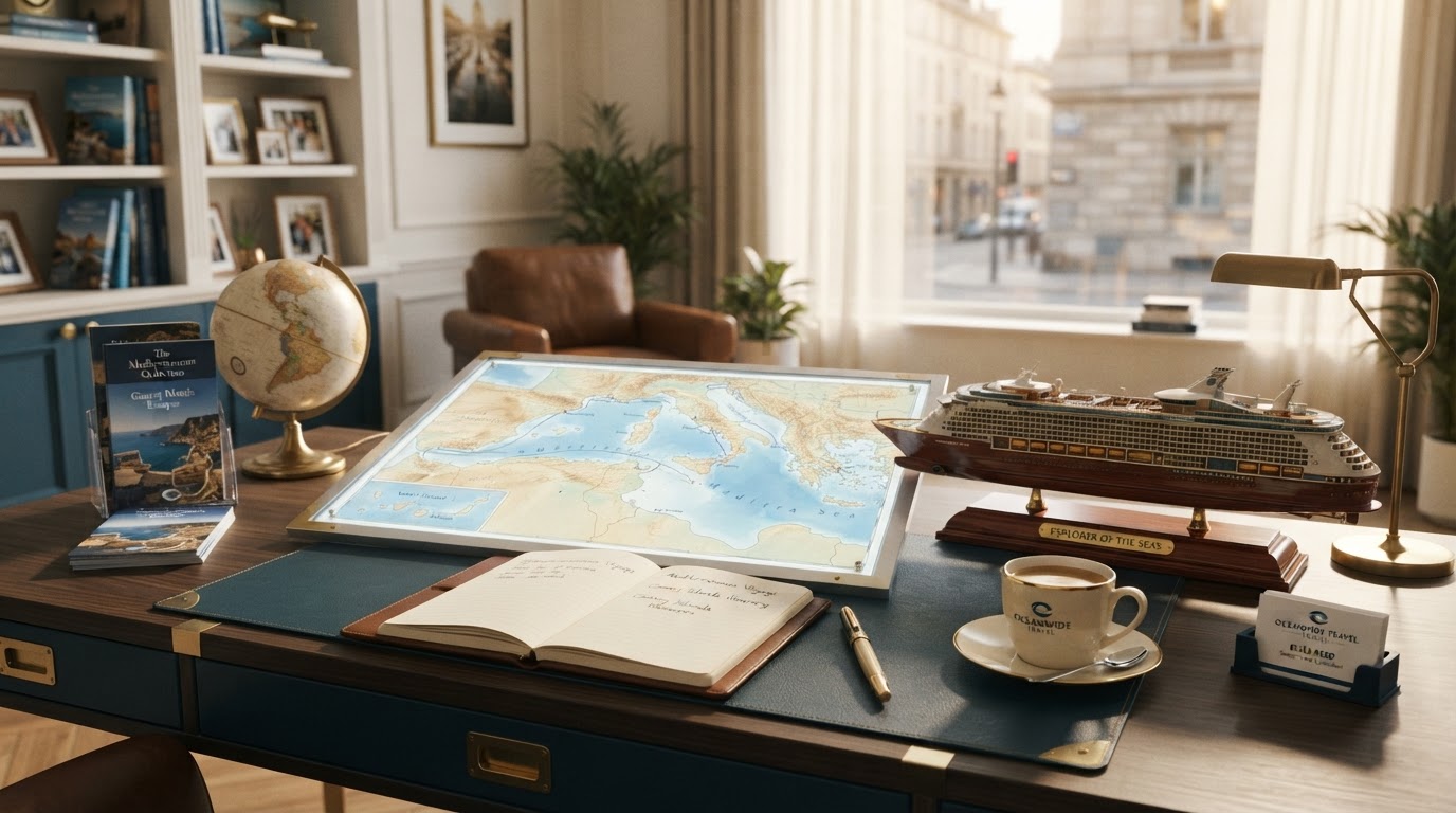 Mesa de asesoramiento de PARDO VIAJES con mapas del Mediterráneo y Canarias