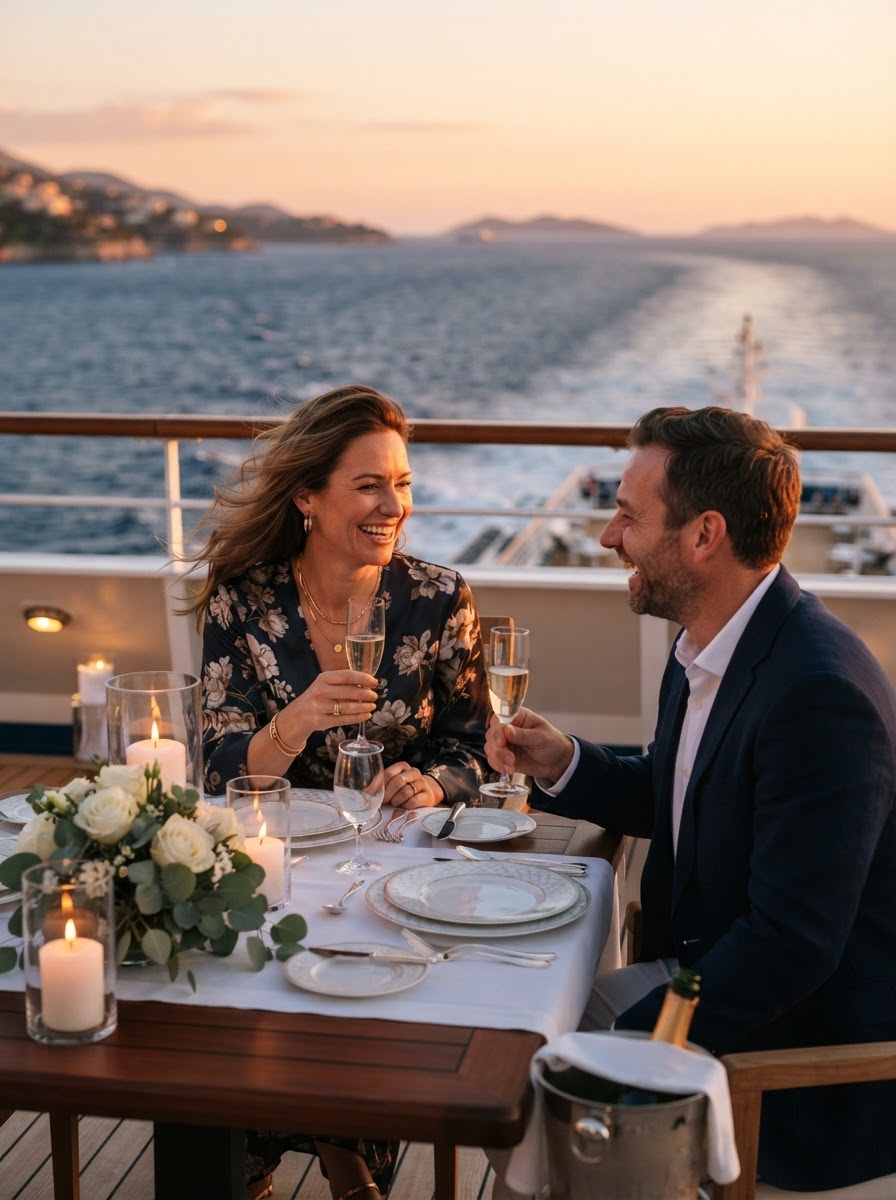 Cena privada de aniversario en la terraza de un crucero al atardecer