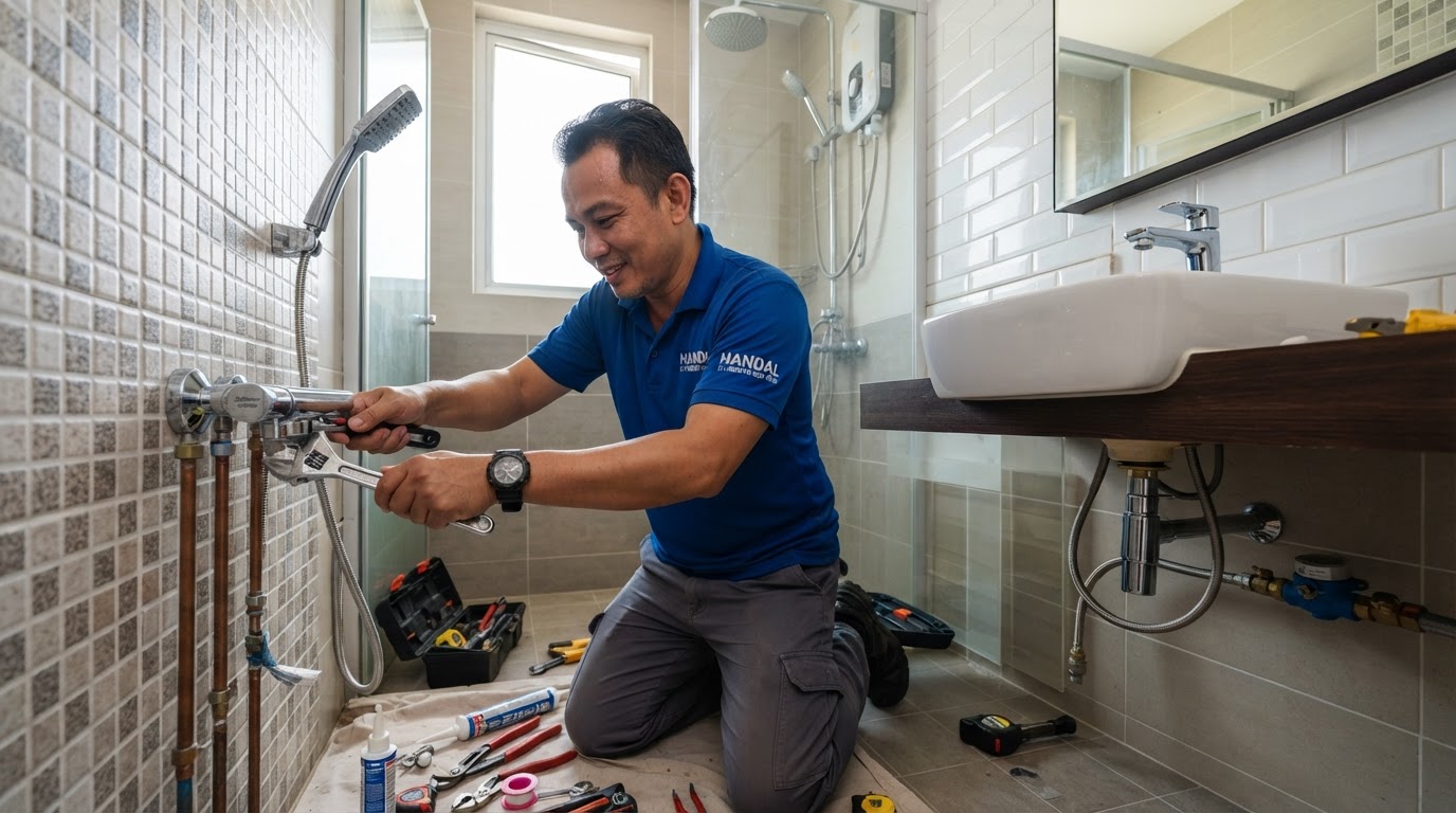 Plumber in Penang installing a bathroom shower mixer and basin fittings