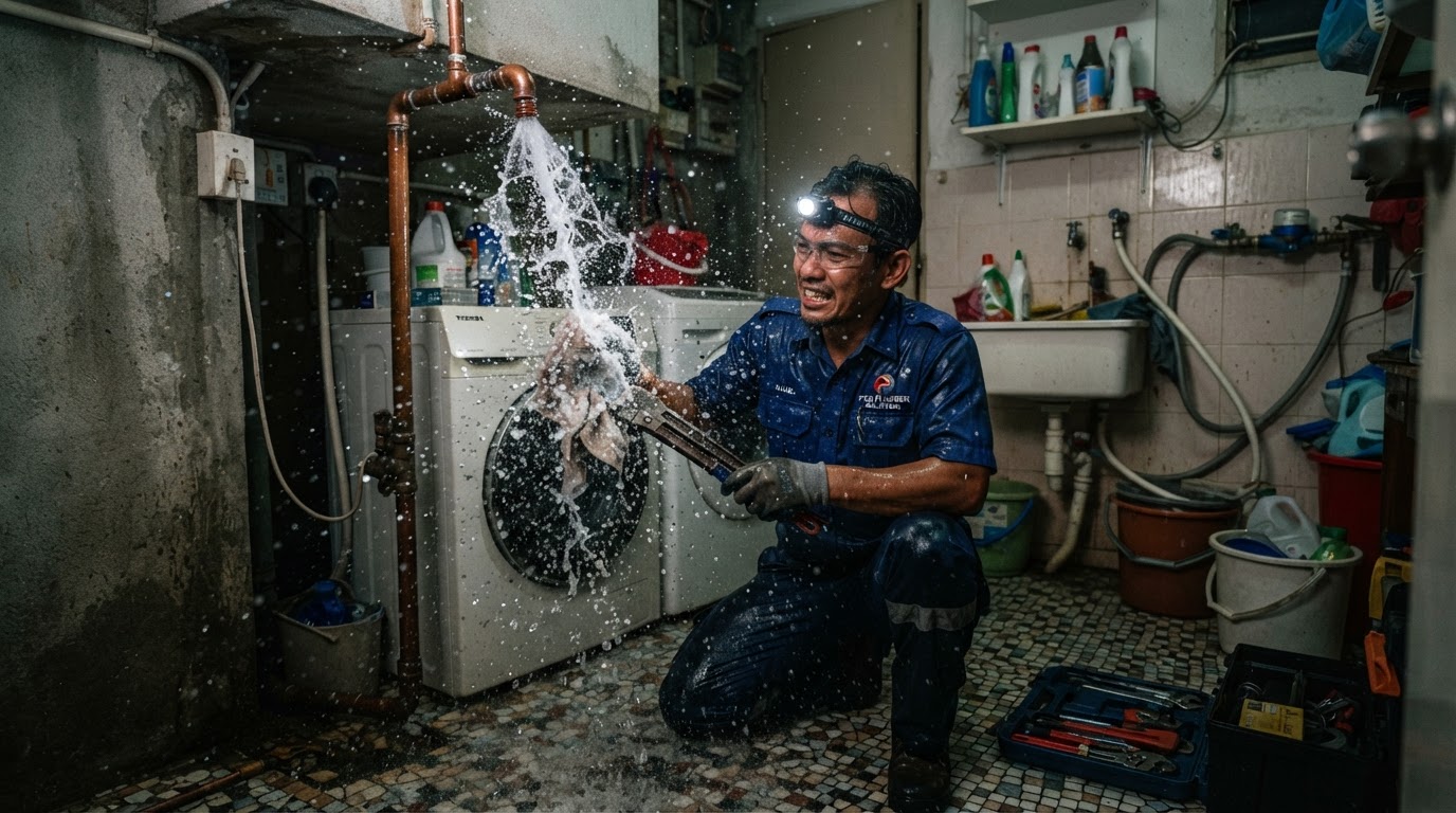 Emergency plumber in Penang responding to a burst pipe with spraying water