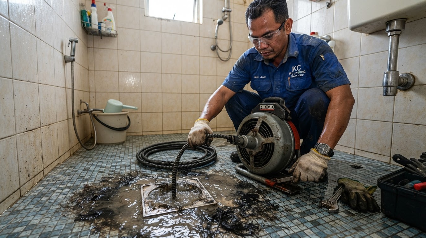 Plumber in Penang clearing a blocked floor drain with a drain machine