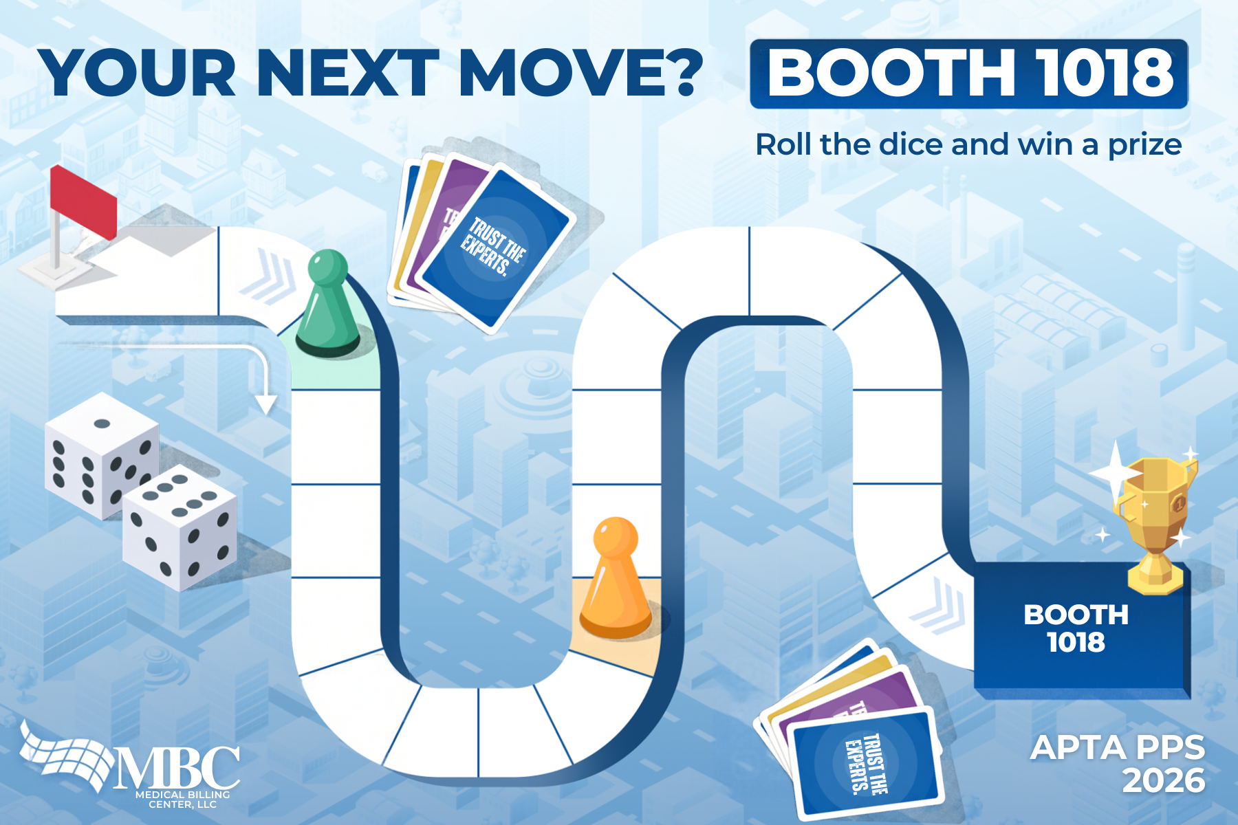 Your Next Move? Find Us at Booth 1018 — game board postcard back