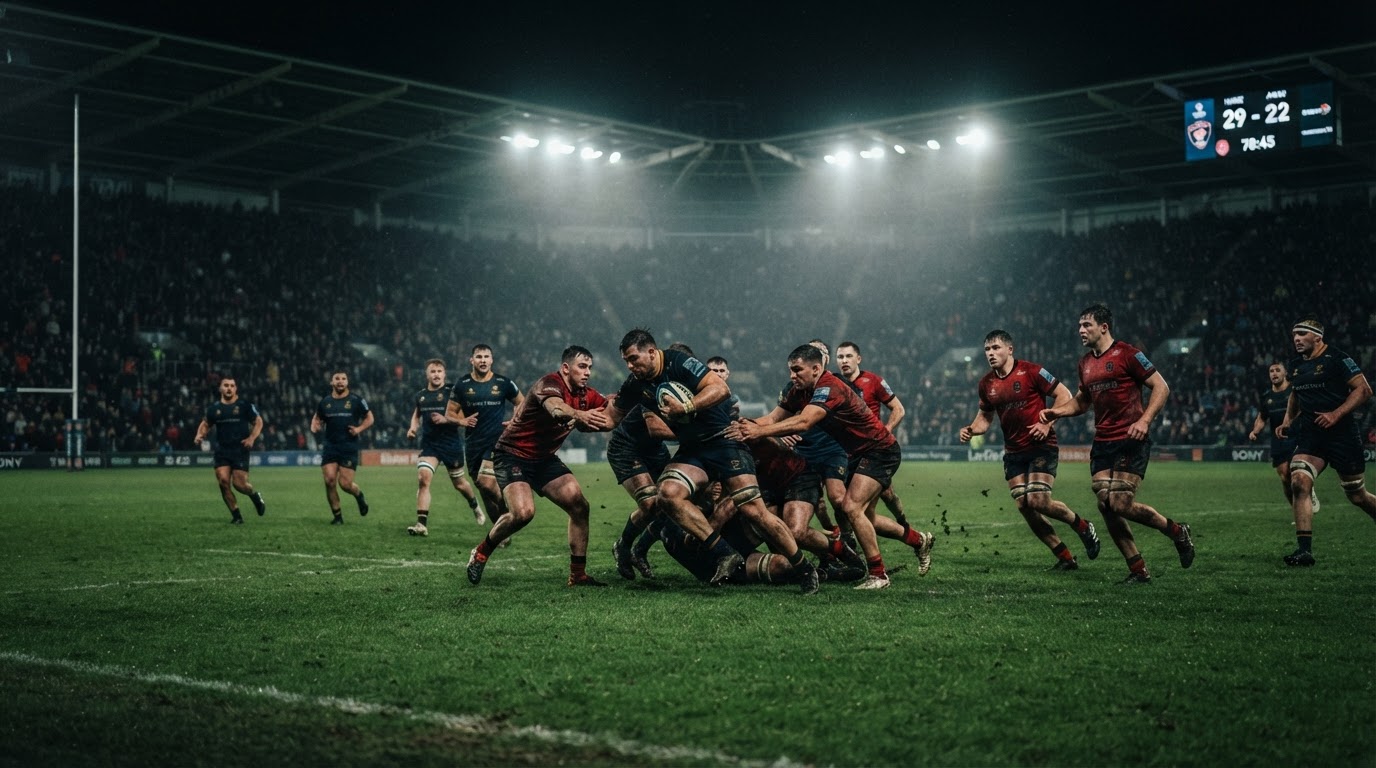 Rugby match in progress on a green pitch