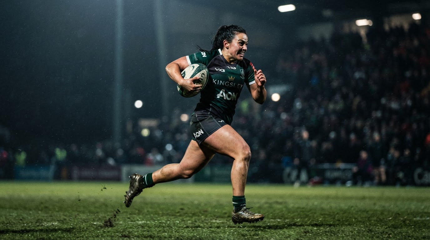 Rugby player sprinting with the ball under stadium lights