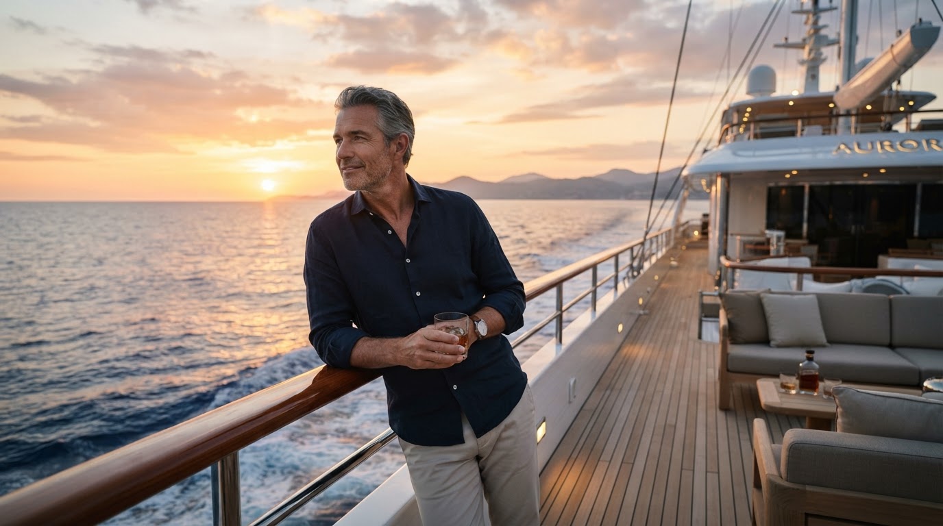 A successful entrepreneur aboard a luxury yacht at sunset
