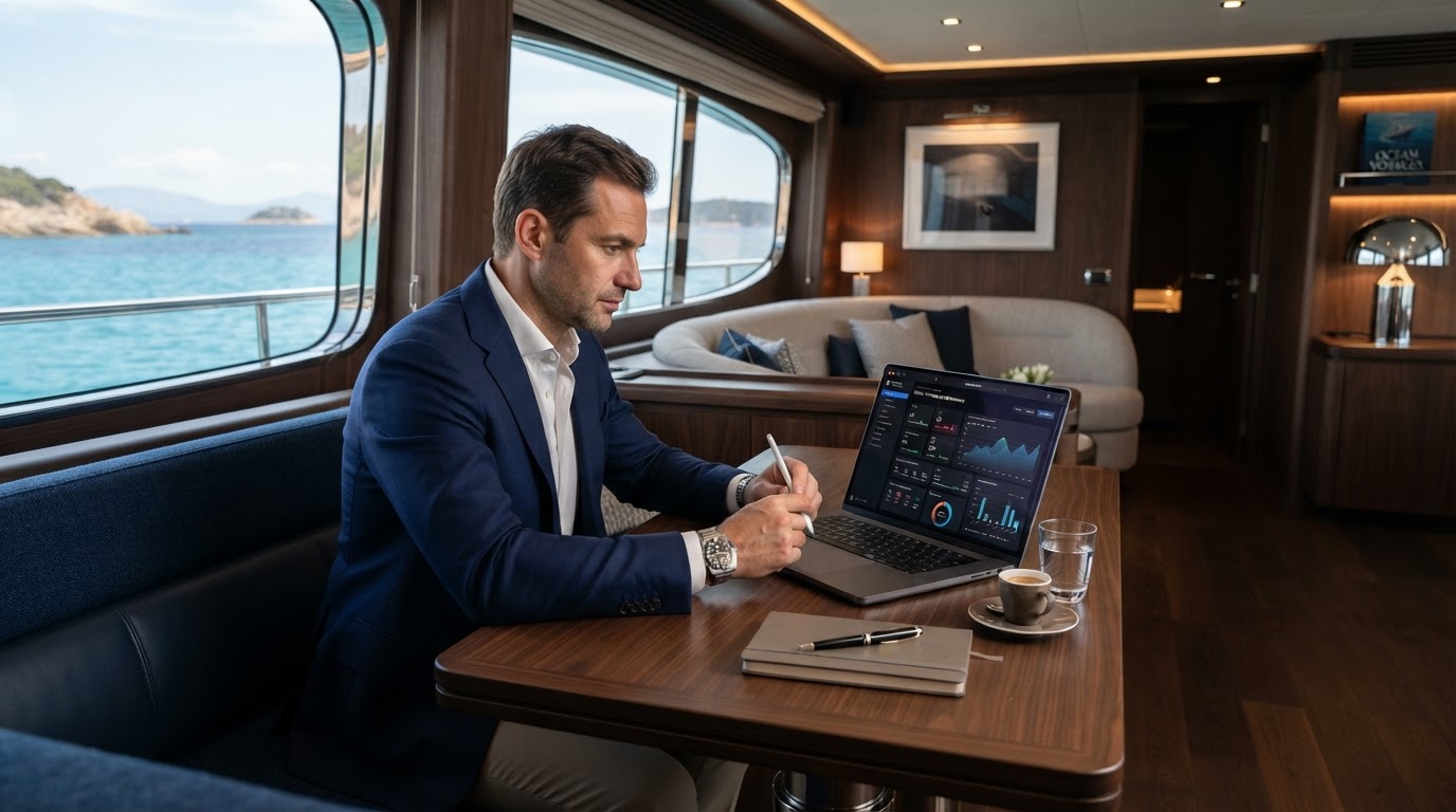 An entrepreneur running a digital business from a yacht interior
