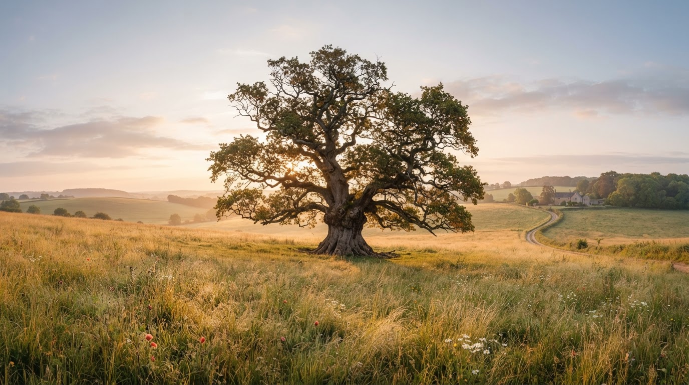A mature oak tree standing in open landscape, symbolizing longevity and stability