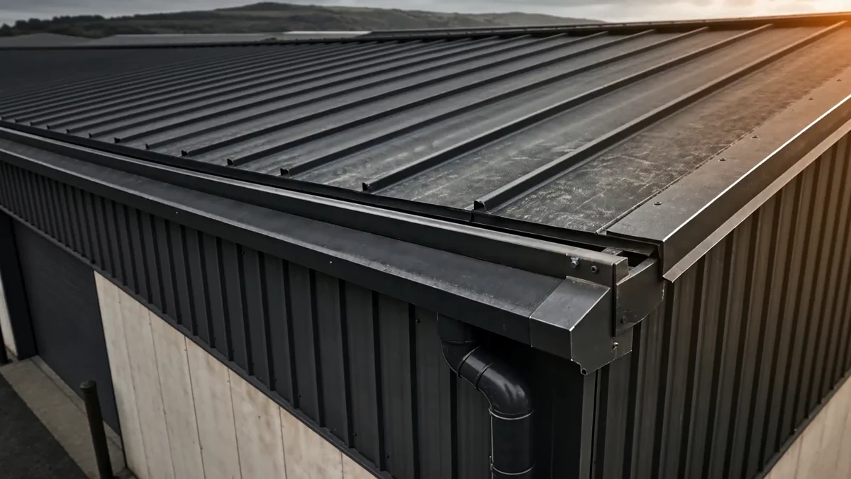 Illustrative close view of a commercial metal roof and gutter