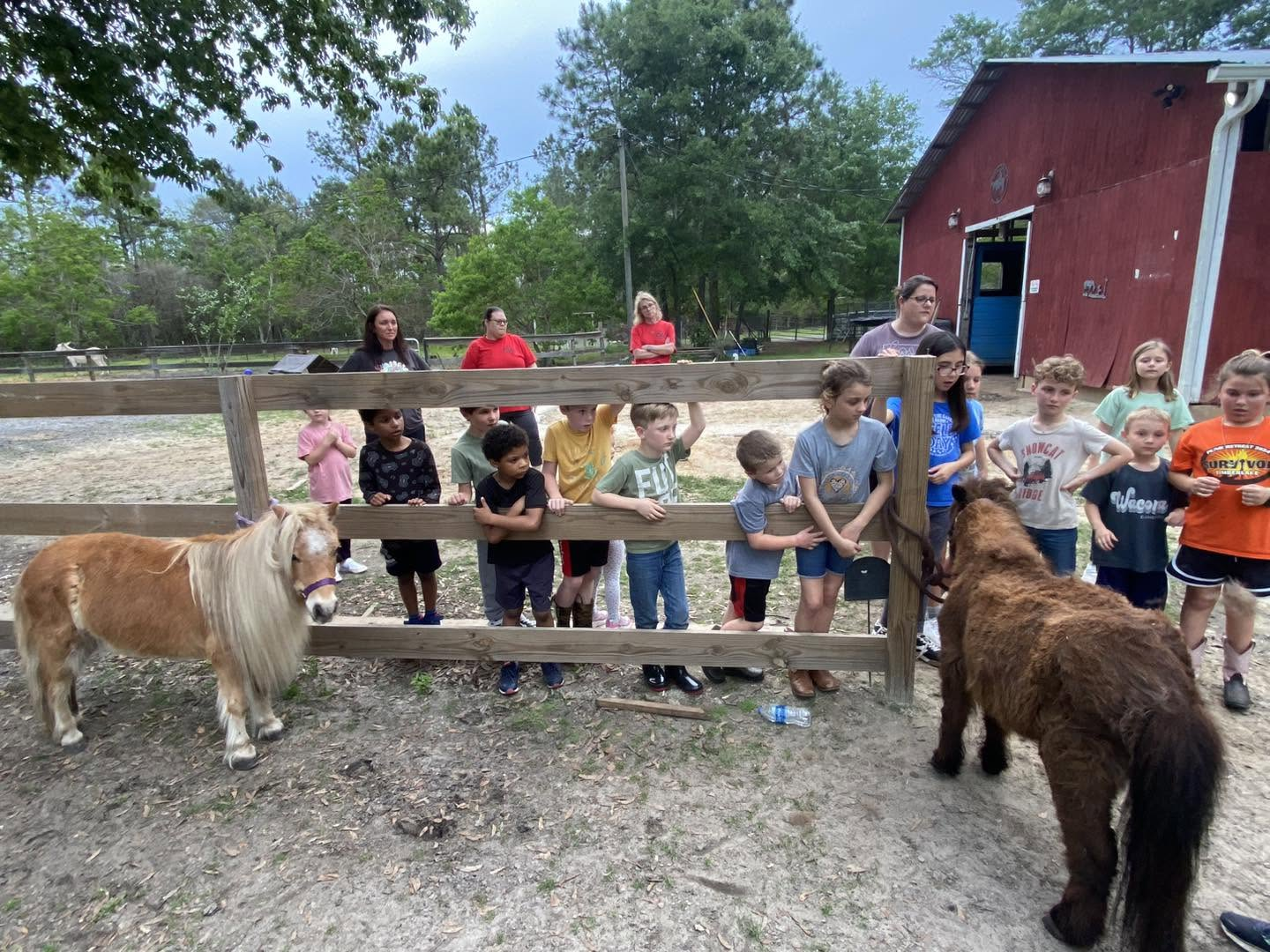 Children gathered along the wooden fence with two ponies and the red barn at Hooves to Freedom