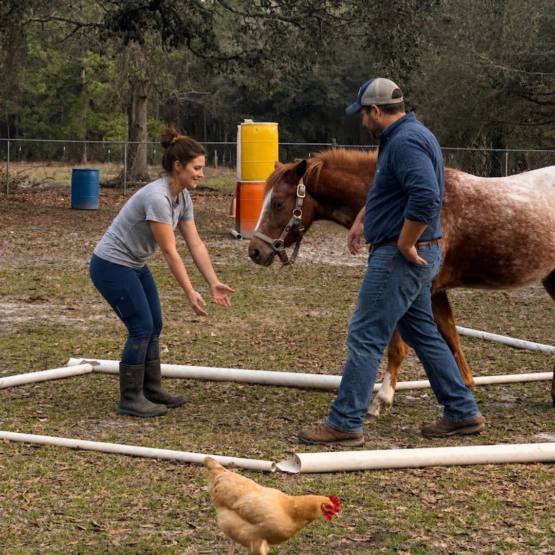 Horse working through the ground obstacle course with two ministry leaders