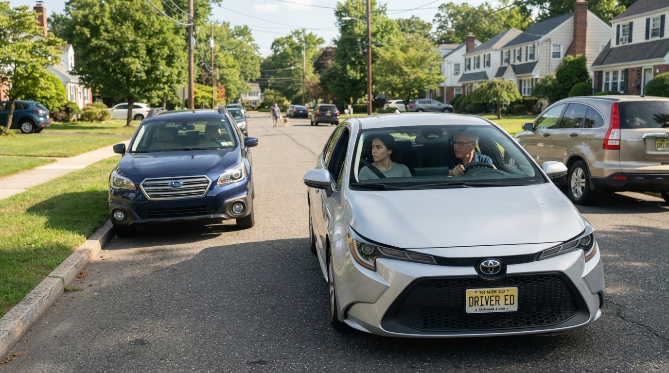 Adult driving student practicing parallel parking with a certified instructor on a New Jersey residential street
