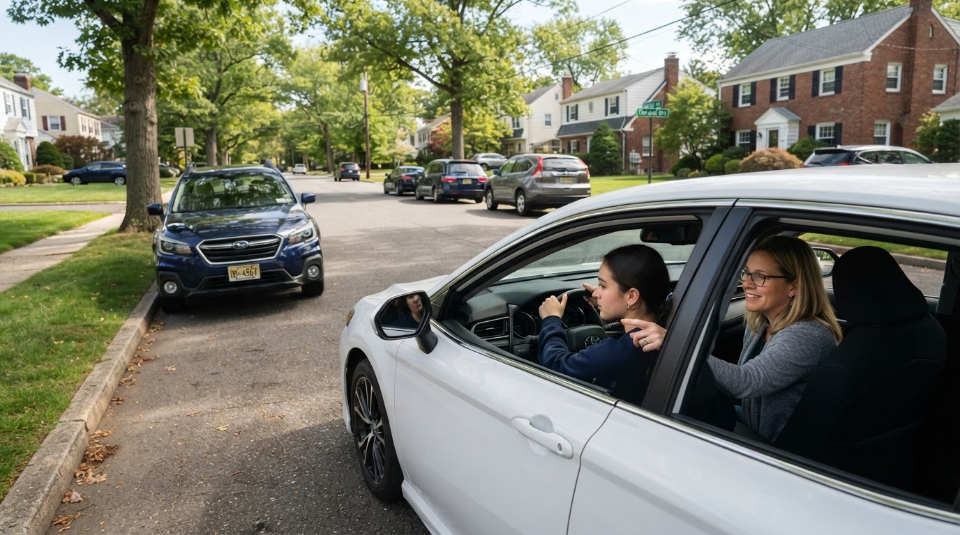 Driving instructor teaching a student how to parallel park on a quiet residential street in Passaic County, NJ