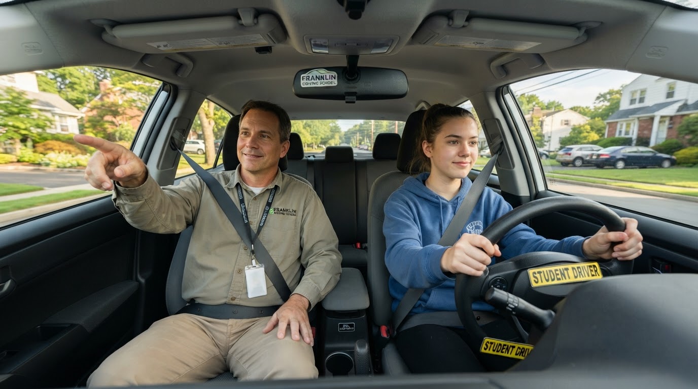 Teen student practicing driving with a certified instructor in a quiet New Jersey suburban neighborhood