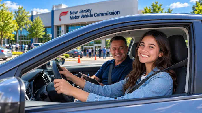 Student driver and certified instructor smiling inside testing car at New Jersey Motor Vehicle Commission facility