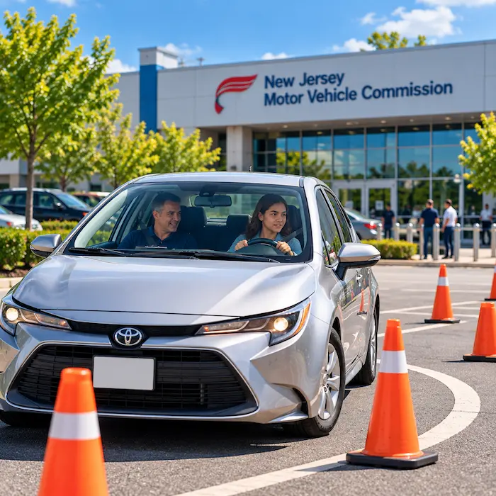 Teen student practicing driving with an instructor at New Jersey Motor Vehicle Commission testing site
