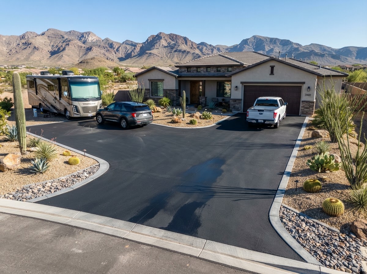 A widened asphalt driveway with room for an extra vehicle in Sunrise Manor, NV