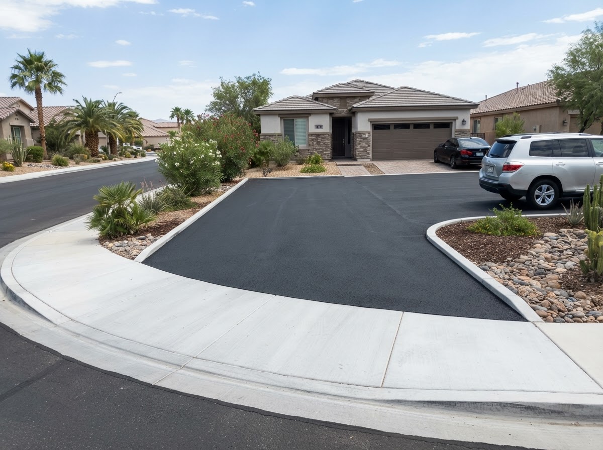 An asphalt driveway with a clean apron meeting the street in Sunrise Manor, NV